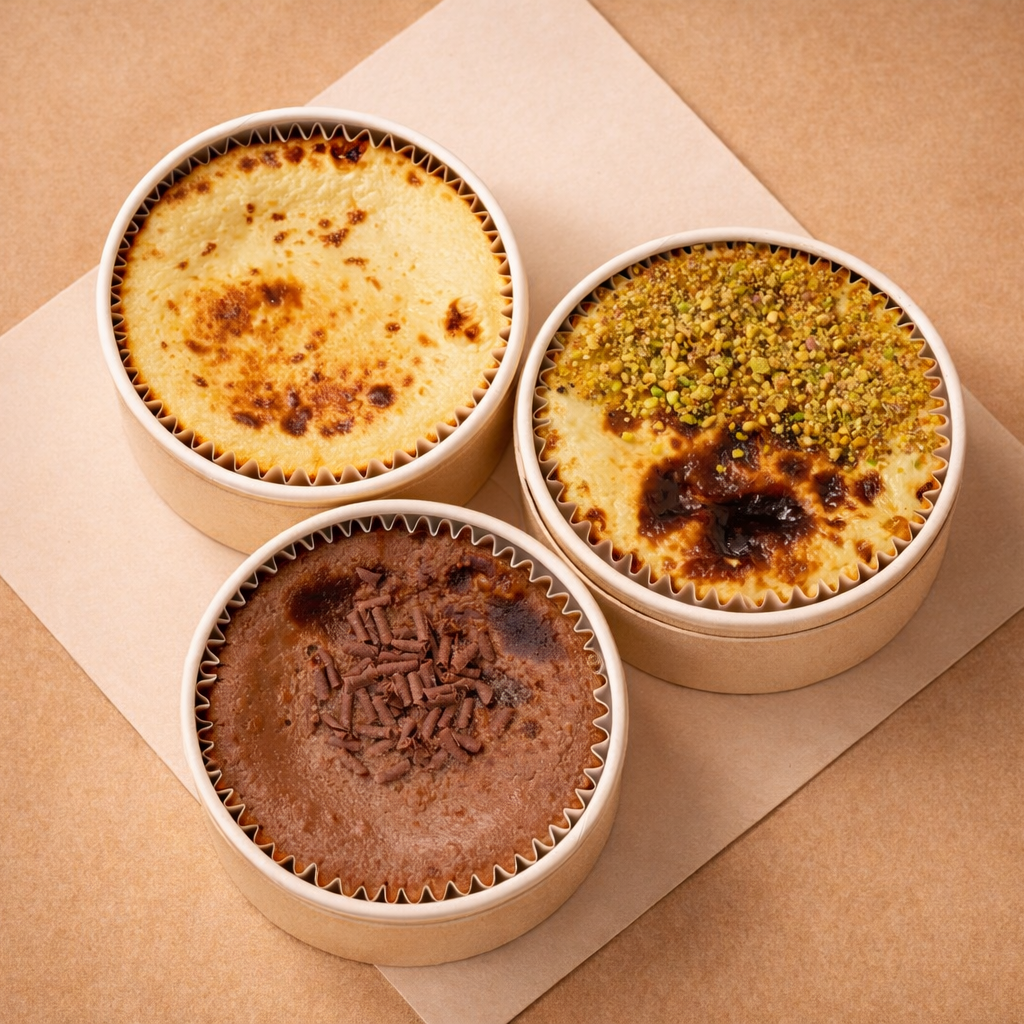 3 basque cheesecakes with different flavours: pistachio, original and chocolate