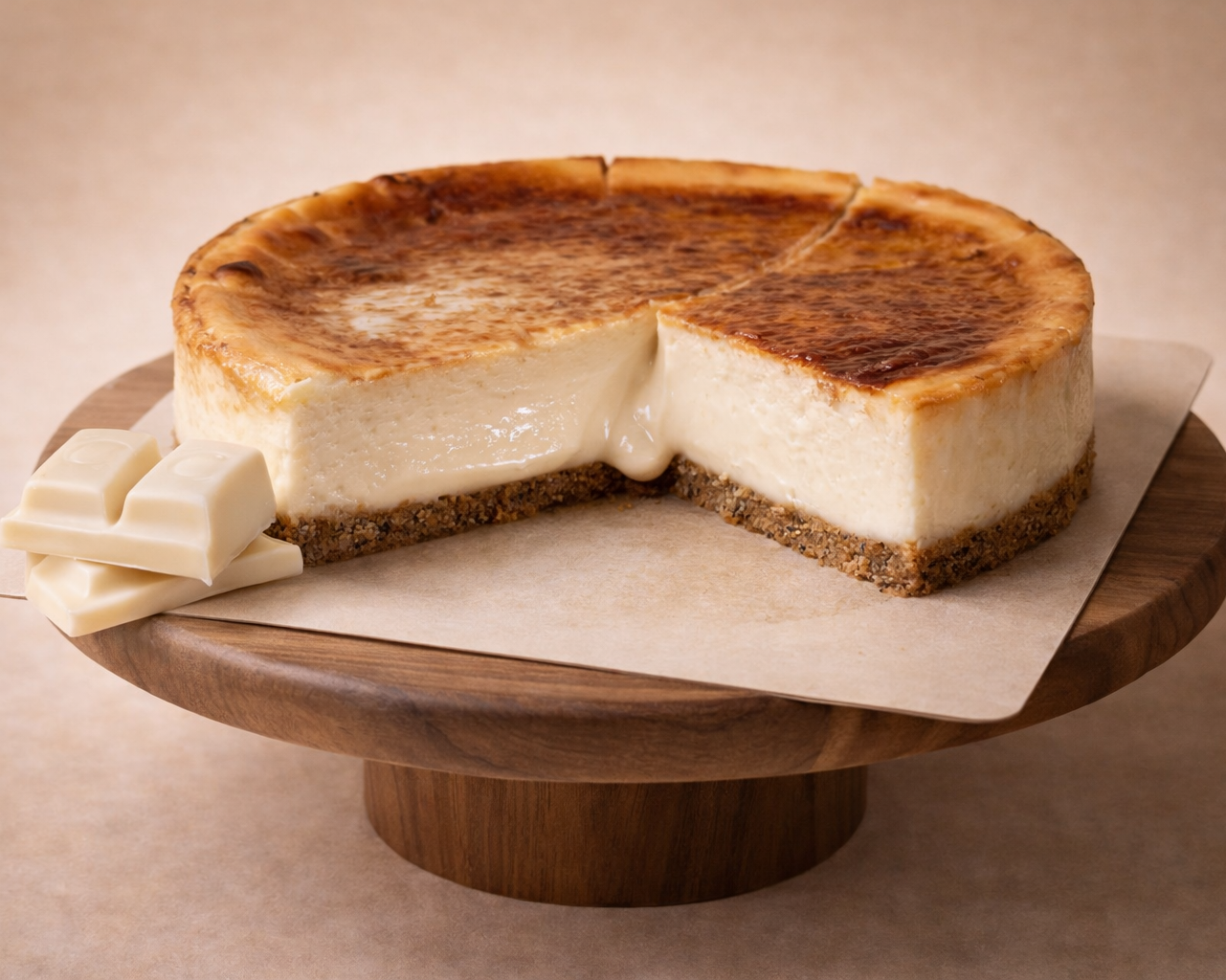 White chocolate Cheesecake on a wooden stand with a slice missing, on a beige background

