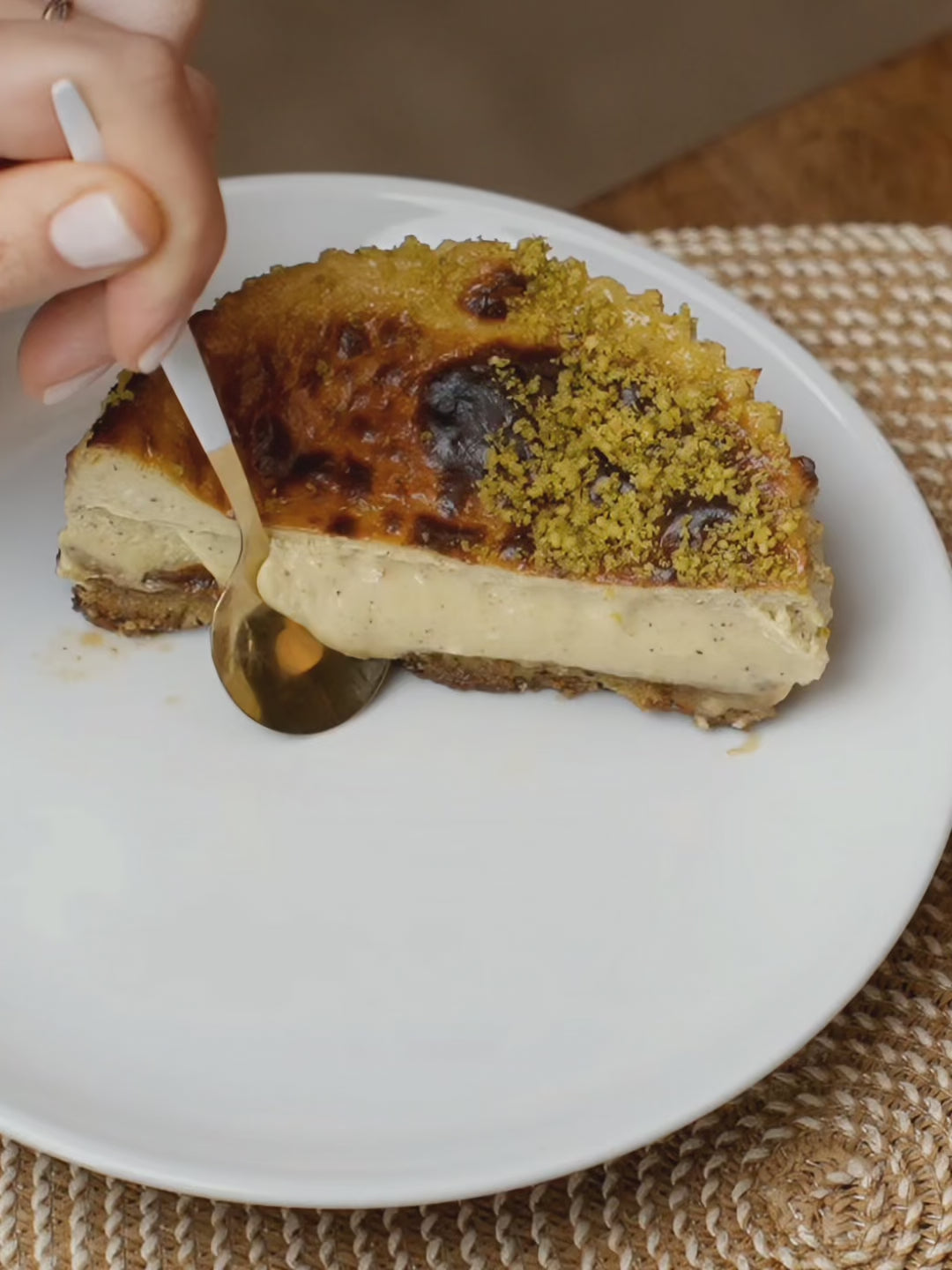 Pistachio Royale CC slice revealing pistachio praline and nutty cream layers from BasK Dubai. A spoon gliding over a very creamy cheesecake inside, showing a soft and delicious bite.
